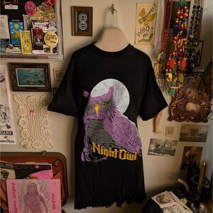 Vintage Owl Graphic T-Shirt Pajama Dress Women's One Size Black Ruffled